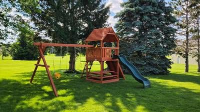 Woodplay playsets with swingset and slide wood